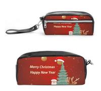 FHESDCW Merry Christmas And Happy New Year Pencil Case Large Capacity with Zipper, Hanging Water Proof Cosmetic Bag for Travel, Vintage Leather Pencil Pouch for Women Men