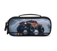 FHESDCW Monster Truck Black Sky Lightning Roar Pencil Case with Zipper - Large Capacity, Portable Small Cosmetic Bag for Travel, Vintage PU Leather Pencil Pouch for Women Men