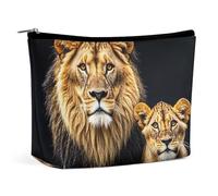 FHESDCW Mother Lion And Young Lion Makeup Bag for Women PU Leather Waterproof Cosmetic Bag with Zipper Portable Travel Makeup Organizer