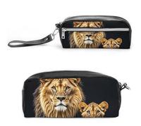 FHESDCW Mother Lion And Young Lion Pencil Case Large Capacity with Zipper, Hanging Water Proof Cosmetic Bag for Travel, Vintage Leather Pencil Pouch for Women Men
