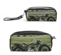 FHESDCW Motorcycles on Green Grass Pencil Case Large Capacity with Zipper, Hanging Water Proof Cosmetic Bag for Travel, Vintage Leather Pencil Pouch for Women Men