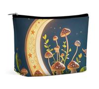 FHESDCW Mushroom Moon And Stars Makeup Bag for Women PU Leather Waterproof Cosmetic Bag with Zipper Portable Travel Makeup Organizer