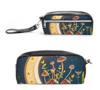 FHESDCW Mushroom Moon And Stars Pencil Case Large Capacity with Zipper, Hanging Water Proof Cosmetic Bag for Travel, Vintage Leather Pencil Pouch for Women Men