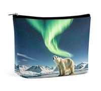 FHESDCW Northern Lights Polar Bear Makeup Bag for Women PU Leather Waterproof Cosmetic Bag with Zipper Portable Travel Makeup Organizer