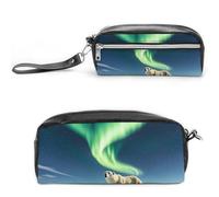 FHESDCW Northern Lights Polar Bear Pencil Case Large Capacity with Zipper, Hanging Water Proof Cosmetic Bag for Travel, Vintage Leather Pencil Pouch for Women Men