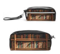 FHESDCW Old Bookshelf Pencil Case Large Capacity with Zipper, Hanging Water Proof Cosmetic Bag for Travel, Vintage Leather Pencil Pouch for Women Men