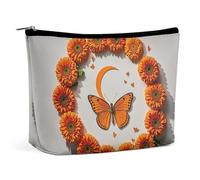 FHESDCW Orange Butterfly Moon Makeup Bag for Women PU Leather Waterproof Cosmetic Bag with Zipper Portable Travel Makeup Organizer