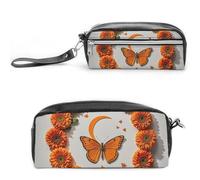FHESDCW Orange Butterfly Moon Pencil Case Large Capacity with Zipper, Hanging Water Proof Cosmetic Bag for Travel, Vintage Leather Pencil Pouch for Women Men