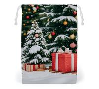 FHESDCW Pine Tree And Gift Box Drawstring Bag Canvas, Reusable Travel Jewelry Pouches, Washable Storage Bags for Gift, Candy, Cosmetics 12 * 18cm