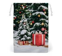 FHESDCW Pine Tree And Gift Box Drawstring Bag Canvas, Reusable Travel Jewelry Pouches, Washable Storage Bags for Gift, Candy, Cosmetics 20 * 25cm