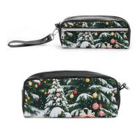 FHESDCW Pine Tree And Gift Box Pencil Case Large Capacity with Zipper, Hanging Water Proof Cosmetic Bag for Travel, Vintage Leather Pencil Pouch for Women Men
