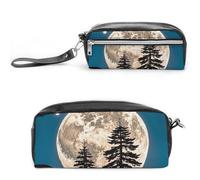 FHESDCW Pine Trees of The Moon Pencil Case Large Capacity with Zipper, Hanging Water Proof Cosmetic Bag for Travel, Vintage Leather Pencil Pouch for Women Men
