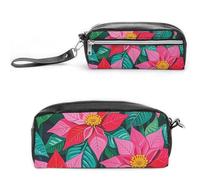 FHESDCW Poinsettia Flowers Pencil Case Large Capacity with Zipper, Hanging Water Proof Cosmetic Bag for Travel, Vintage Leather Pencil Pouch for Women Men