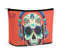 FHESDCW Punk Rock Earphones Skull Makeup Bag for Women PU Leather Waterproof Cosmetic Bag with Zipper Portable Travel Makeup Organizer