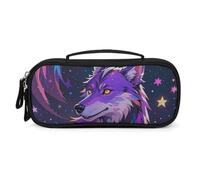FHESDCW Purple Starry Sky Galactic Wolf Pencil Case with Zipper - Large Capacity, Portable Small Cosmetic Bag for Travel, Vintage PU Leather Pencil Pouch for Women Men