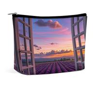 FHESDCW Purple Sunset Lavender Flower Makeup Bag for Women PU Leather Waterproof Cosmetic Bag with Zipper Portable Travel Makeup Organizer