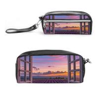 FHESDCW Purple Sunset Lavender Flower Pencil Case Large Capacity with Zipper, Hanging Water Proof Cosmetic Bag for Travel, Vintage Leather Pencil Pouch for Women Men