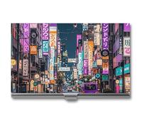 FHESDCW Purple Tokyo Streets Business Card Holder for Men & Women, Professional Card Case with Buckle Style Shut, Compact And Portable Metal Case for Office Workers, style, One Size, Classic