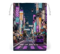 FHESDCW Purple Tokyo Streets Drawstring Bag Canvas, Reusable Travel Jewelry Pouches, Washable Storage Bags for Gift, Candy, Cosmetics 12 * 18cm
