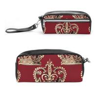 FHESDCW Red Crown Pencil Case Large Capacity with Zipper, Hanging Water Proof Cosmetic Bag for Travel, Vintage Leather Pencil Pouch for Women Men
