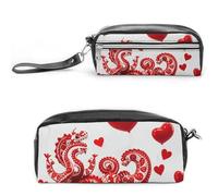 FHESDCW Red Love Little Dragon Pencil Case Large Capacity with Zipper, Hanging Water Proof Cosmetic Bag for Travel, Vintage Leather Pencil Pouch for Women Men