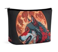 FHESDCW Red Moon Outdoor Wolf Makeup Bag for Women PU Leather Waterproof Cosmetic Bag with Zipper Portable Travel Makeup Organizer