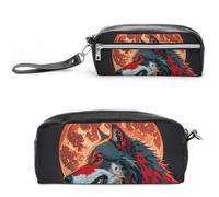 FHESDCW Red Moon Outdoor Wolf Pencil Case Large Capacity with Zipper, Hanging Water Proof Cosmetic Bag for Travel, Vintage Leather Pencil Pouch for Women Men