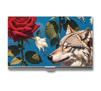 FHESDCW Red Rose And Three Wolves Pattern Business Card Holder for Men & Women, Professional Card Case with Buckle Style Shut, Compact And Portable Metal Case for Office Workers, style, One Size
