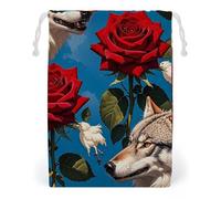 FHESDCW Red Rose And Three Wolves Pattern Drawstring Bag Canvas, Reusable Travel Jewelry Pouches, Washable Storage Bags for Gift, Candy, Cosmetics 20 * 25cm