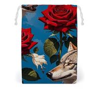 FHESDCW Red Rose And Three Wolves Pattern Drawstring Bag Canvas, Reusable Travel Jewelry Pouches, Washable Storage Bags for Gift, Candy, Cosmetics 12 * 18cm