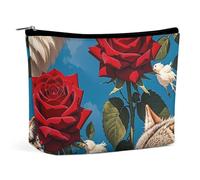 FHESDCW Red Rose And Three Wolves Pattern Makeup Bag for Women PU Leather Waterproof Cosmetic Bag with Zipper Portable Travel Makeup Organizer