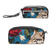 FHESDCW Red Rose And Three Wolves Pattern Pencil Case Large Capacity with Zipper, Hanging Water Proof Cosmetic Bag for Travel, Vintage Leather Pencil Pouch for Women Men
