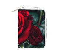 FHESDCW Red Rose Black Background Card Holder for Men Women, Leather Credit Card Holder with 20 Card Slots Small Purse with Zipper