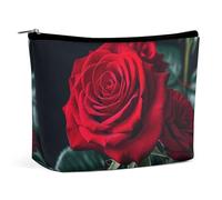 FHESDCW Red Rose Black Background Makeup Bag for Women PU Leather Waterproof Cosmetic Bag with Zipper Portable Travel Makeup Organizer