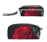 FHESDCW Red Rose Black Background Pencil Case Large Capacity with Zipper, Hanging Water Proof Cosmetic Bag for Travel, Vintage Leather Pencil Pouch for Women Men