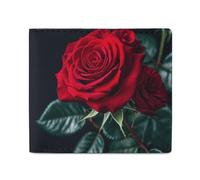FHESDCW Red Rose Black Background Wallet Elegant Leather Wallets with ID Window & 2 Card Slots, Slim Bifold Wallet for Men Women