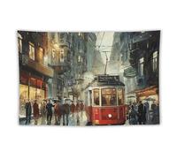 FHESDCW Red Tram in The Rain Tapestry for Bedroom Aesthetic - Lightweight Wall Hanging Backdrop Vintage Wall Art Tapestry Easy to Hang for Living Room Dorm Home Decor 60"x90"