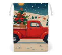 FHESDCW Red Truck Christmas Drawstring Bag Canvas, Reusable Travel Jewelry Pouches, Washable Storage Bags for Gift, Candy, Cosmetics 12 * 18cm
