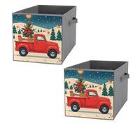 FHESDCW Red Truck Christmas Foldable Storage Box with Handles, Durable Oxford Storage Cubes, 2PCS Collapsible Closet Organizer for Home, Shelf, Office, Travel