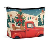FHESDCW Red Truck Christmas Makeup Bag for Women PU Leather Waterproof Cosmetic Bag with Zipper Portable Travel Makeup Organizer