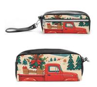 FHESDCW Red Truck Christmas Pencil Case Large Capacity with Zipper, Hanging Water Proof Cosmetic Bag for Travel, Vintage Leather Pencil Pouch for Women Men