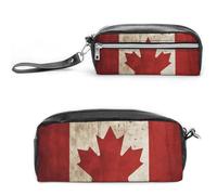 FHESDCW Retro Canada Flag Pencil Case Large Capacity with Zipper, Hanging Water Proof Cosmetic Bag for Travel, Vintage Leather Pencil Pouch for Women Men