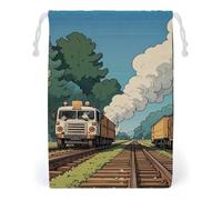 FHESDCW Rural Locomotive Smoking Railway Drawstring Bag Canvas, Reusable Travel Jewelry Pouches, Washable Storage Bags for Gift, Candy, Cosmetics 12 * 18cm