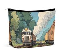 FHESDCW Rural Locomotive Smoking Railway Makeup Bag for Women PU Leather Waterproof Cosmetic Bag with Zipper Portable Travel Makeup Organizer