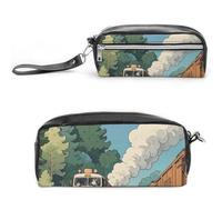 FHESDCW Rural Locomotive Smoking Railway Pencil Case Large Capacity with Zipper, Hanging Water Proof Cosmetic Bag for Travel, Vintage Leather Pencil Pouch for Women Men