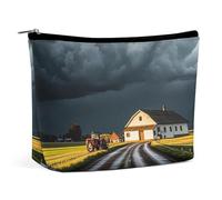 FHESDCW Rural Roads Makeup Bag for Women PU Leather Waterproof Cosmetic Bag with Zipper Portable Travel Makeup Organizer