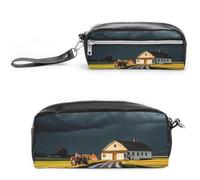FHESDCW Rural Roads Pencil Case Large Capacity with Zipper, Hanging Water Proof Cosmetic Bag for Travel, Vintage Leather Pencil Pouch for Women Men