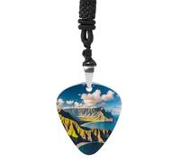FHESDCW Seaside Mountain Skyline Guitar Pick Necklace, Titanium Steel Guitar Pick with 23Inch Black Cord, Unique Music Jewelry Gift for Men Women