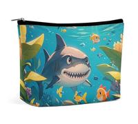 FHESDCW Sharks And Small Fish Makeup Bag for Women PU Leather Waterproof Cosmetic Bag with Zipper Portable Travel Makeup Organizer