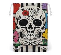 FHESDCW Skeleton And Flower Black And White Drawstring Bag Canvas, Reusable Travel Jewelry Pouches, Washable Storage Bags for Gift, Candy, Cosmetics 12 * 18cm